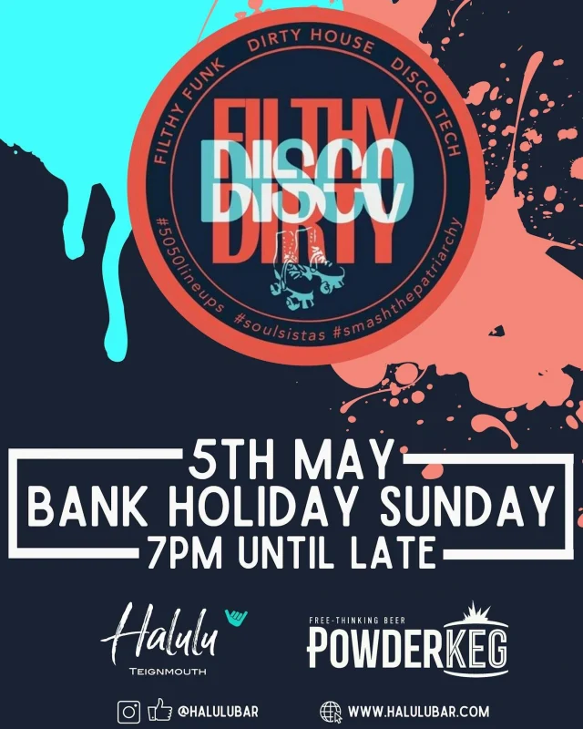Bank holiday party alert!
Next Sunday Jessica Joy and the rest of the @filthydirtydisco trio are heading to @halulubar to amplify their island party vibes.
The Powderkeg beer will be flowing and the beats will be delicious. (Or should that be the other way round?)
Come join us!

Halulu Bar in Teignmouth Sunday 5th May 7pm til late.
#disco #house #filth #party
